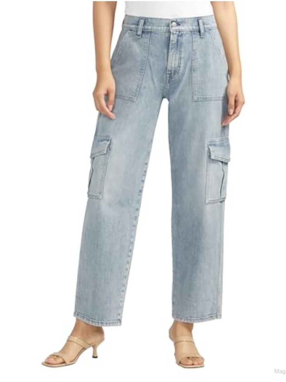 High Rise Cargo Jeans Low Stretch Denim Utility Straight Leg